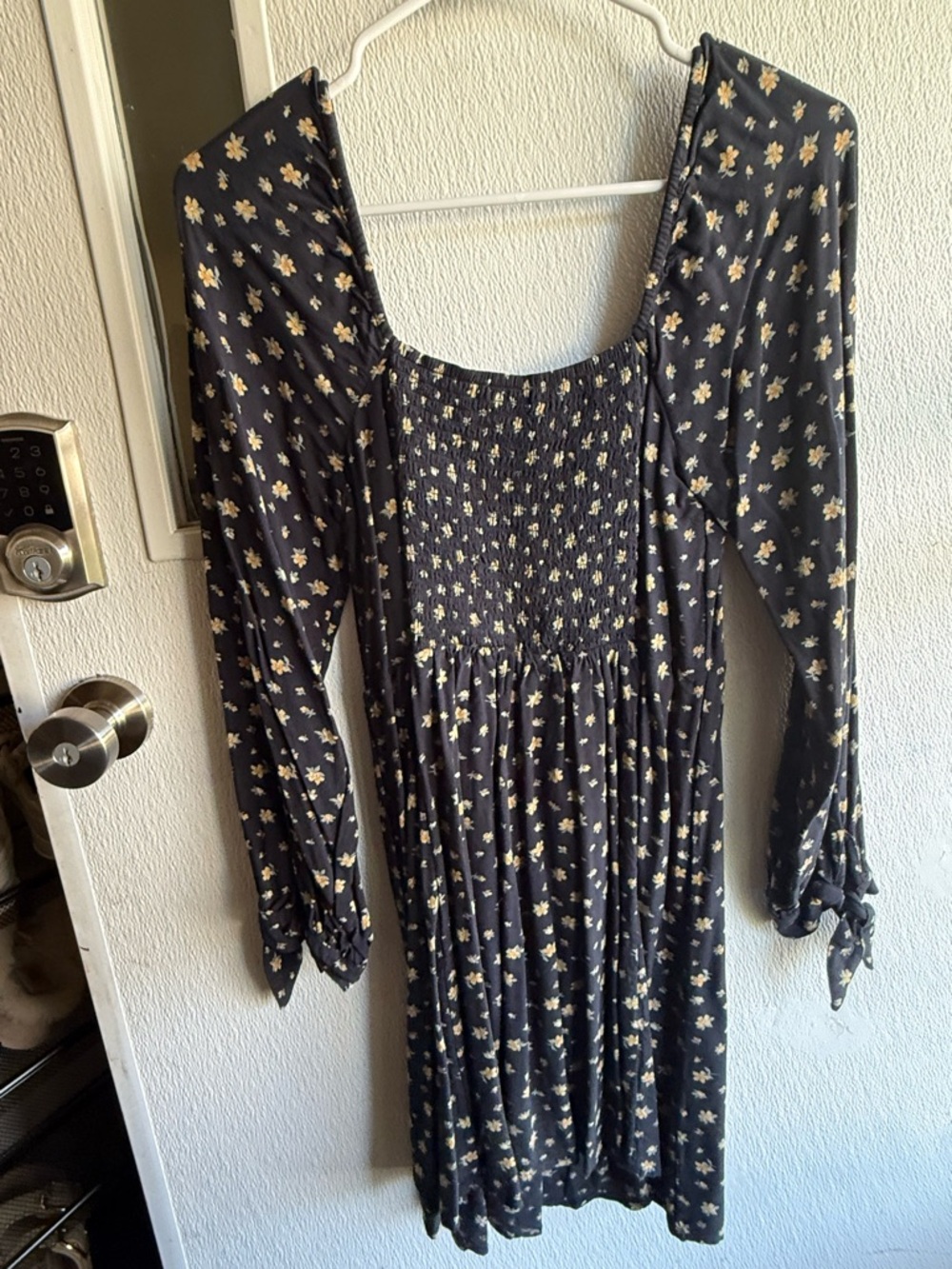 Black Floral Smocked Long Sleeve Dress
